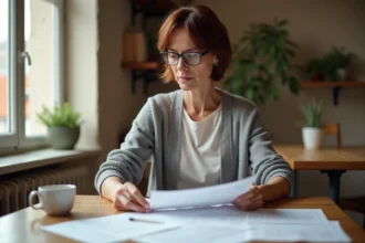 Femme de 45 ans consultant des documents administratifs sur l'AAH 2026 à une table de cuisine