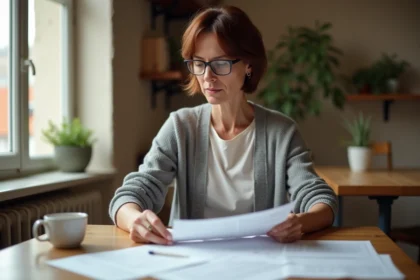 Femme de 45 ans consultant des documents administratifs sur l'AAH 2026 à une table de cuisine