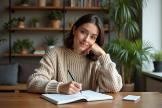 Femme pensante écrivant dans un journal cosy