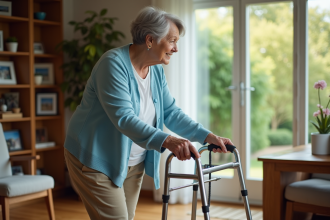 Femme âgée ajustant sa marchette dans un salon chaleureux