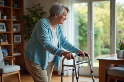 Femme âgée ajustant sa marchette dans un salon chaleureux