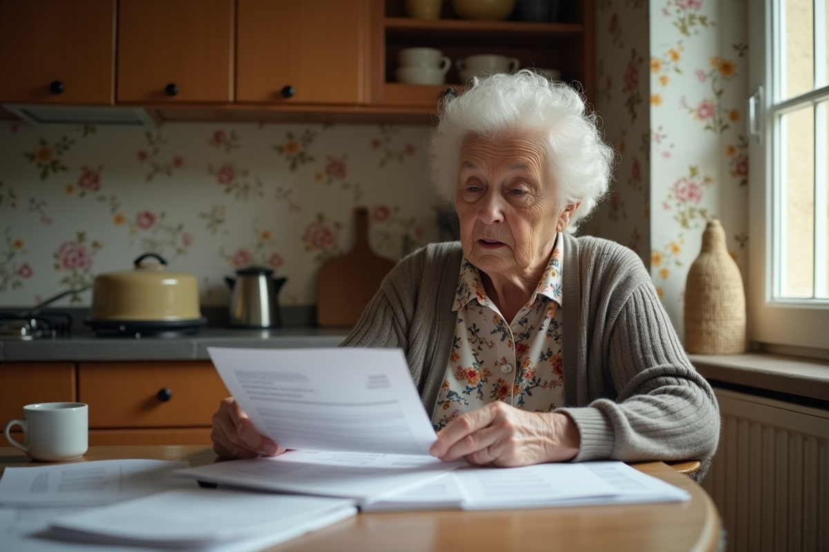 Femme âgée triant des papiers dans sa cuisine en France