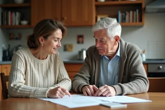 Femme d'âge moyen avec son père âgé lisant des documents