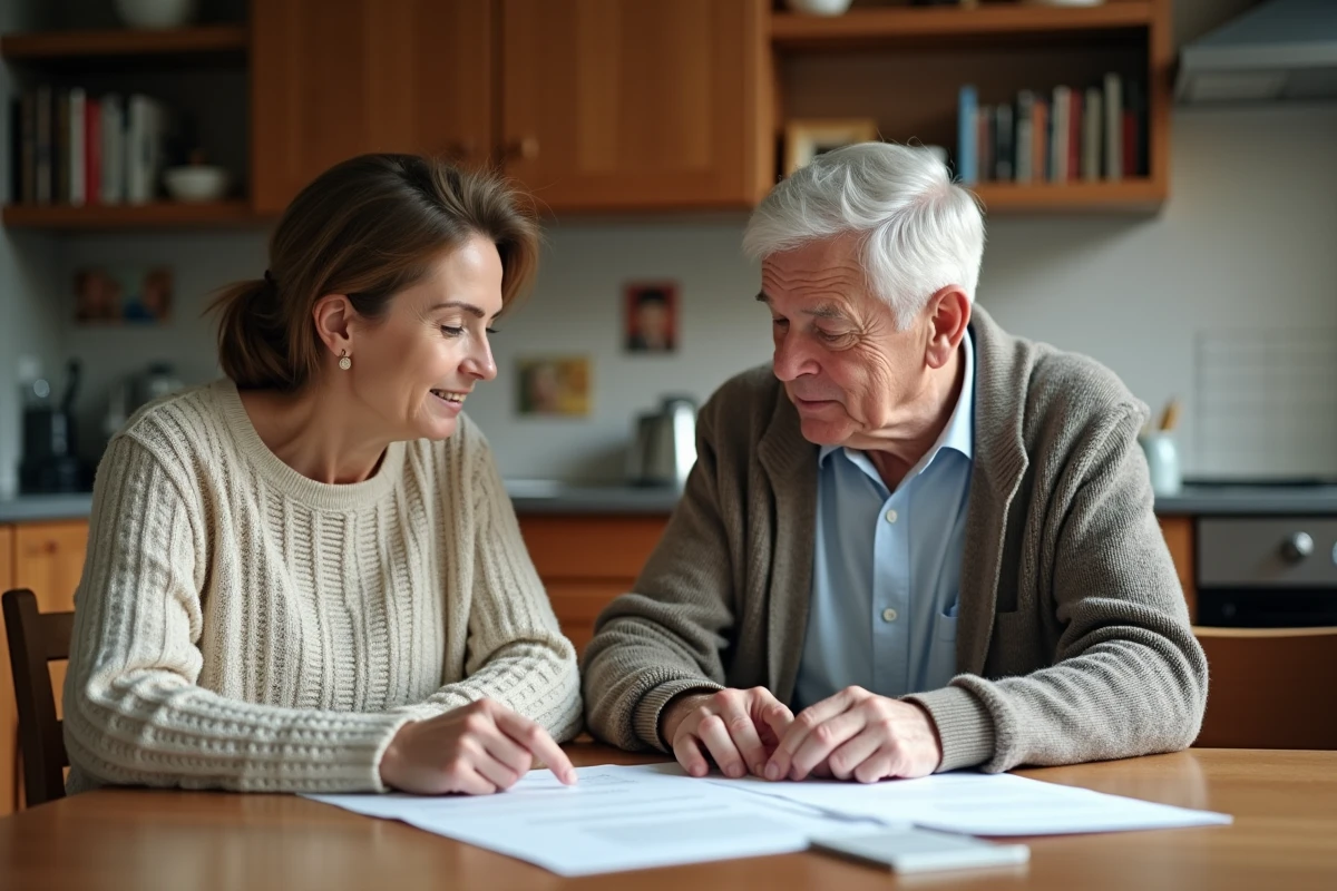 Femme d'âge moyen avec son père âgé lisant des documents