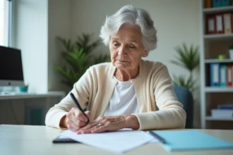 Femme âgée remplissant un questionnaire ADL lors d'une consultation