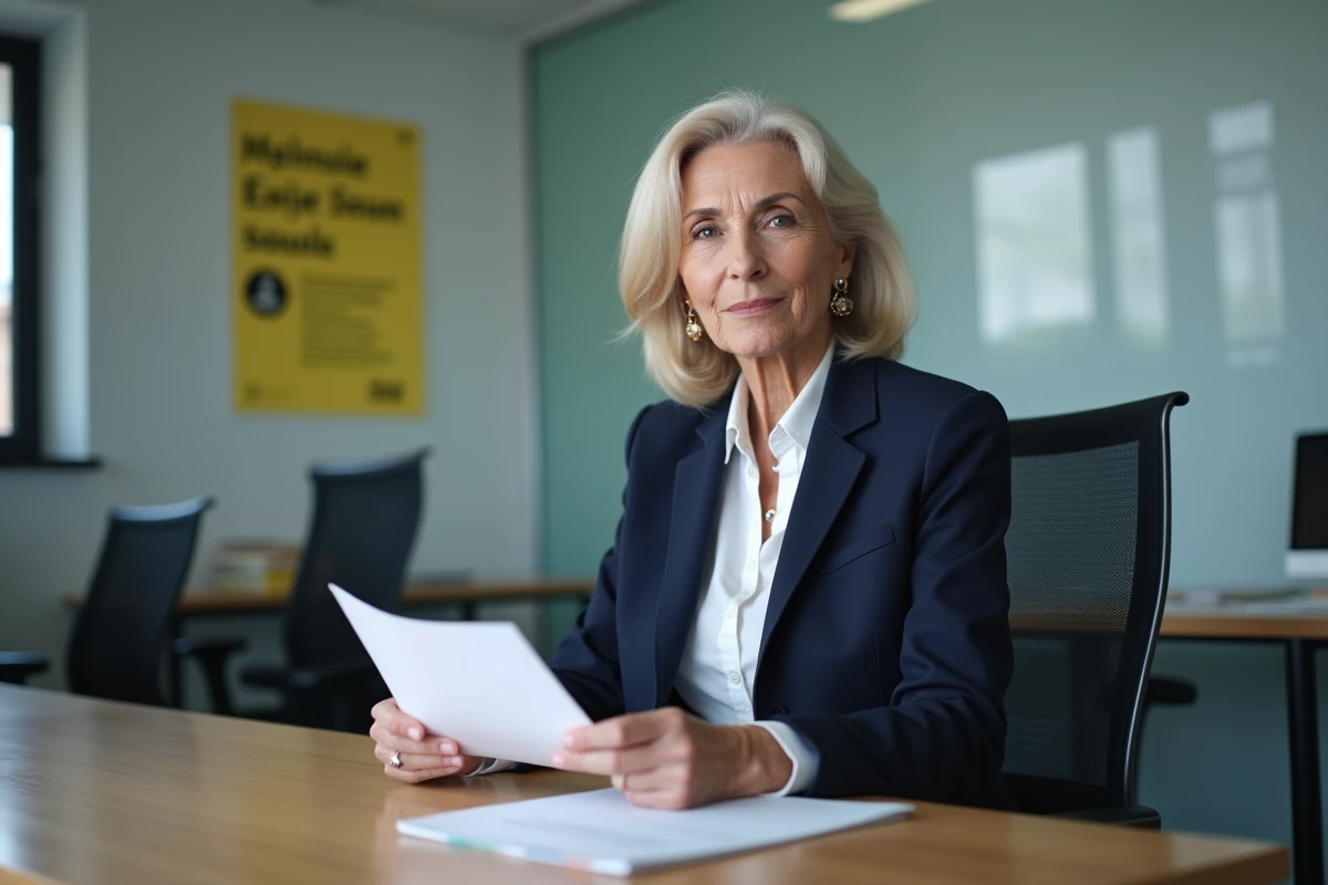 Femme d'environ 60 ans tenant une lettre d'offre d'emploi dans un bureau moderne