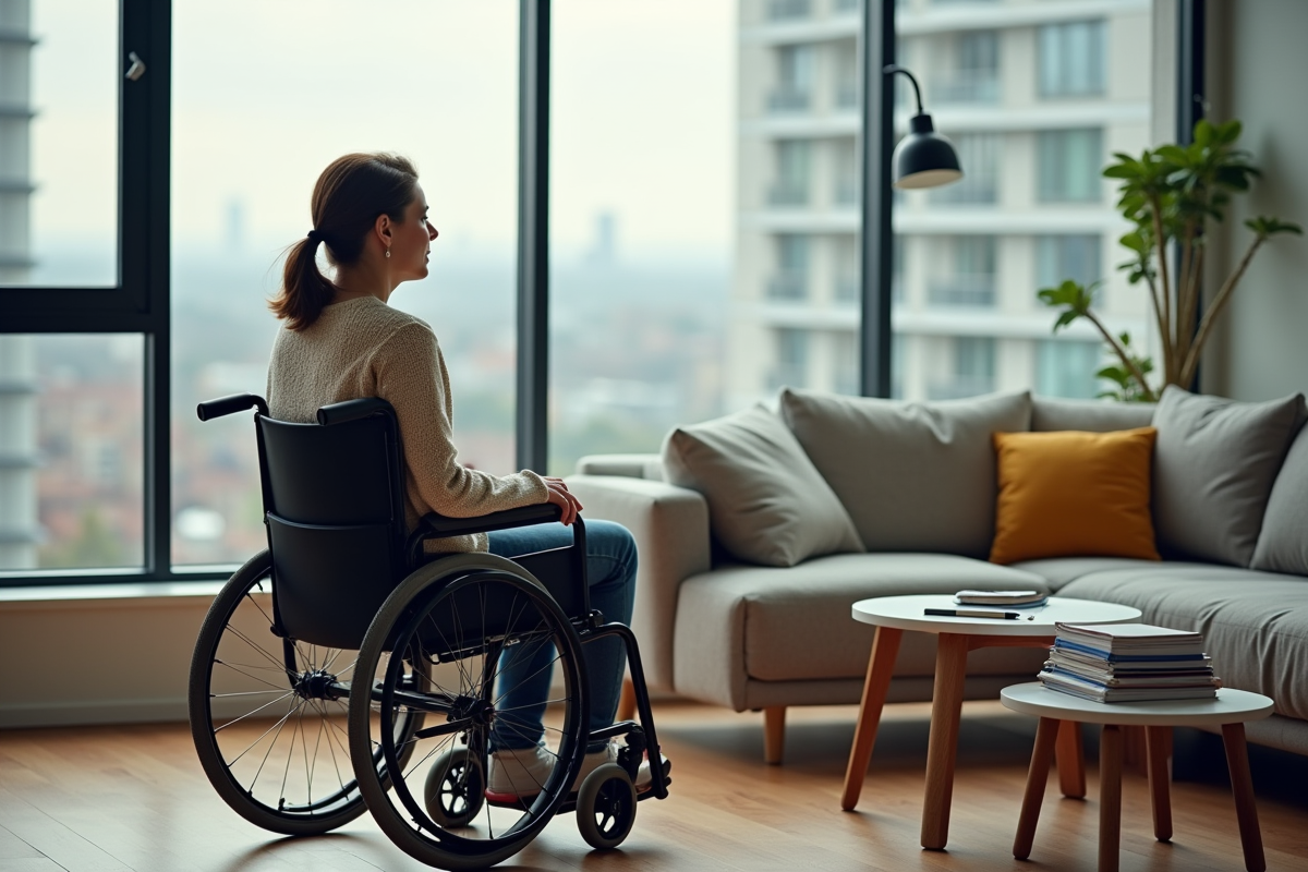 Femme en fauteuil regardant par la fenêtre dans un salon moderne