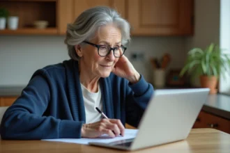 Femme de 60 ans remplissant un formulaire de demande de retraite en ligne sur un ordinateur portable à table