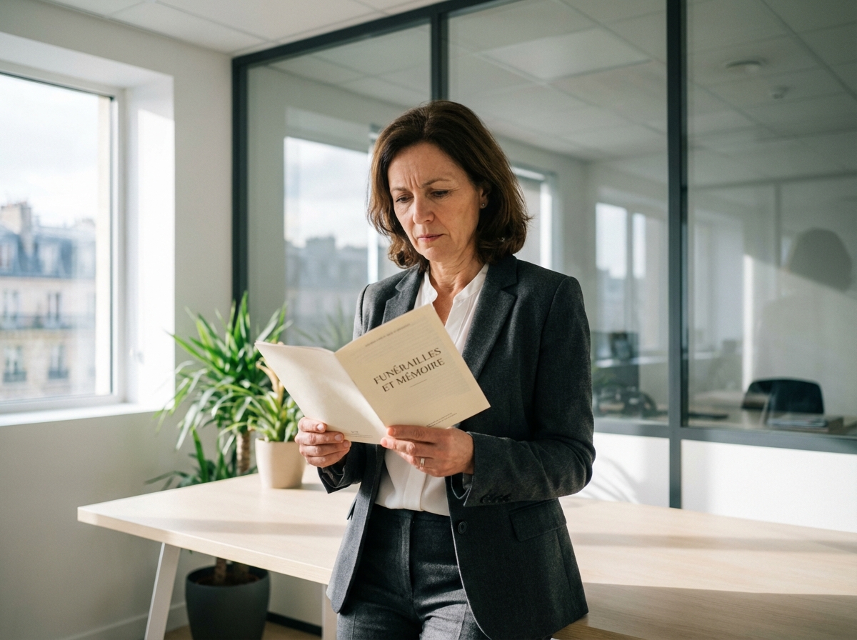Femme française examinant une brochure de plan funéraire au bureau