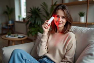 Femme assise avec lampe de thérapie rouge dans un salon cosy