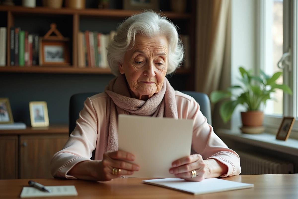 Femme de 70 ans lisant une carte d anniversaire dans son bureau
