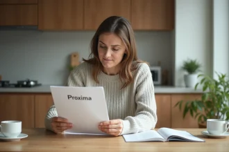 Femme d'âge moyen lisant un guide Proxima dans une cuisine lumineuse