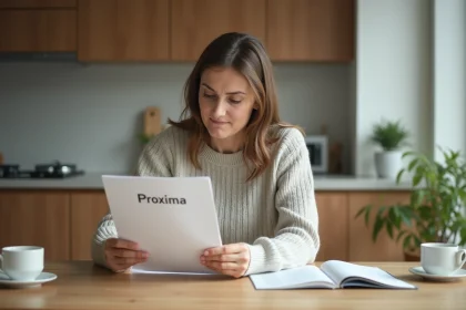 Femme d'âge moyen lisant un guide Proxima dans une cuisine lumineuse