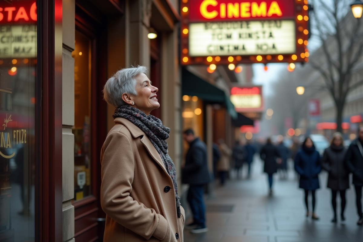 Femme souriante devant une enseigne de cinéma en ville