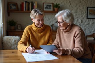 Femme et mère âgée souriantes avec documents familiaux