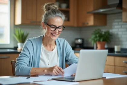 Femme souriante organisant ses documents de retraite dans une cuisine lumineuse