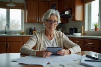 Femme d'âge moyen examine des papiers dans sa cuisine