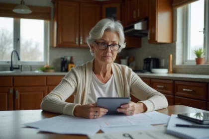 Femme d'âge moyen examine des papiers dans sa cuisine
