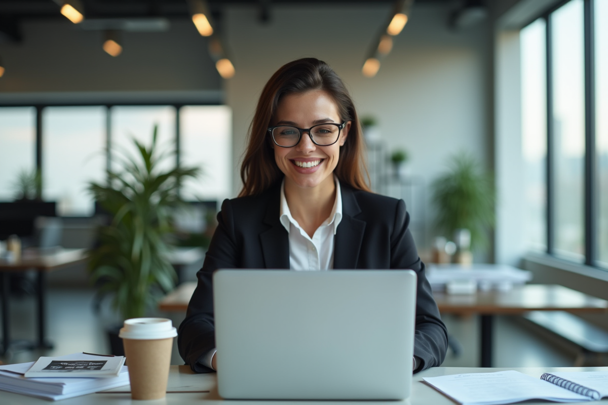 Femme professionnelle confiante utilisant un ordinateur dans un bureau moderne