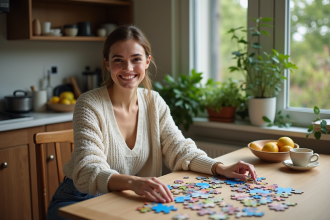 Femme en sweater et jeans résolvant un puzzle dans la cuisine