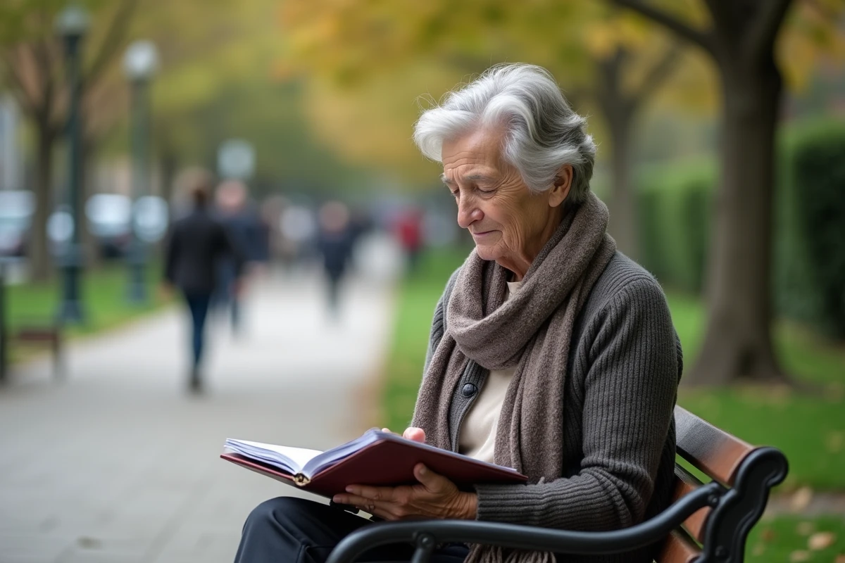 Femme âgée assise sur un banc de parc avec un portfolio