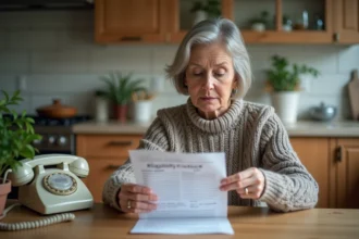 Femme d'âge moyen examine une notice d'éligibilité dans la cuisine