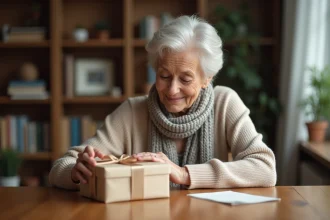 Femme élégante déposant une note dans un cadeau de retraite