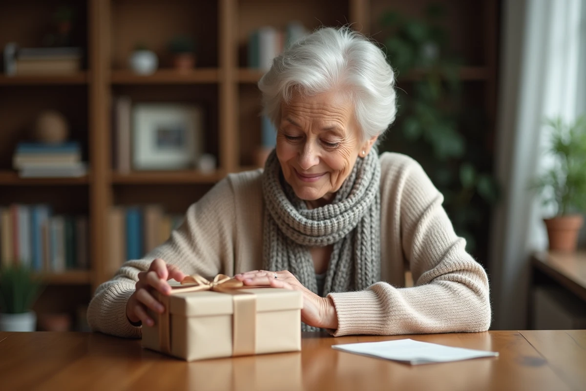 Femme élégante déposant une note dans un cadeau de retraite