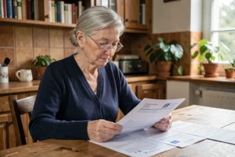 Femme retraitée consultant ses documents de retraite CNAV à la maison