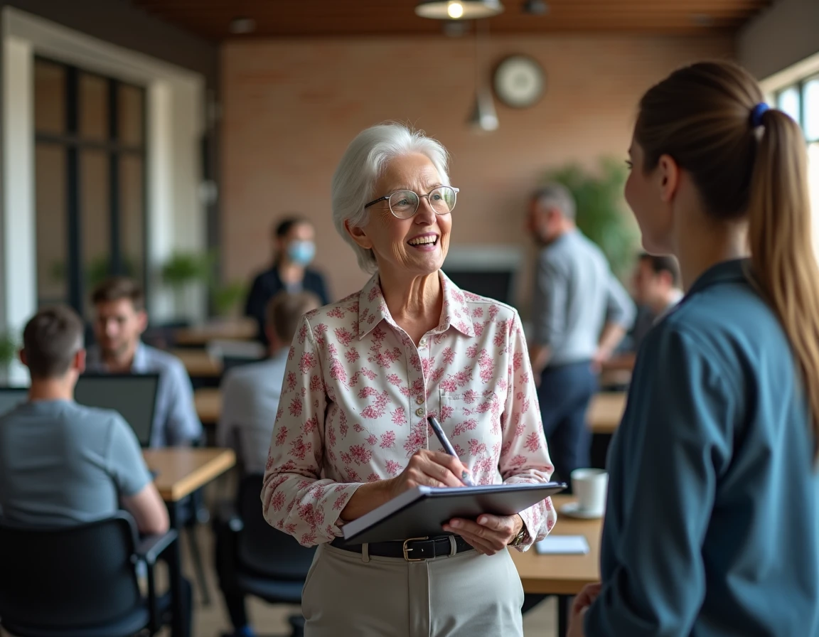 Femme retraitée en activité partielle échangeant avec une collègue dans un bureau moderne et collaboratif