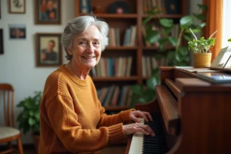 Femme retraitée jouant du piano dans un salon chaleureux, entourée de vinyles et de souvenirs familiaux
