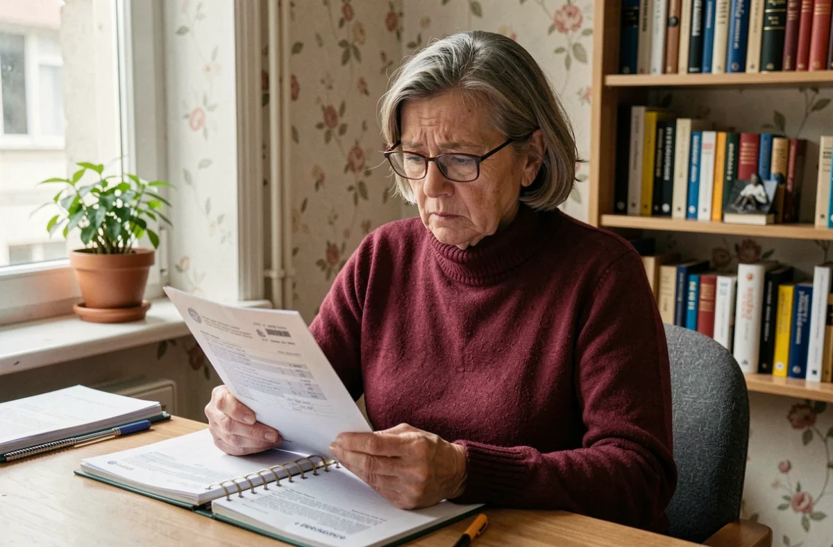 Femme retraitée analysant son relevé de pension Agirc-Arrco dans un bureau à domicile