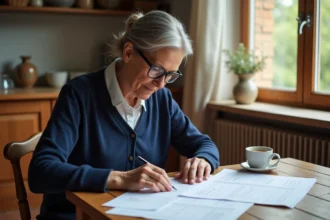 Femme retraitée lisant son relevé de points Agirc-Arrco à la table de sa cuisine en 2026