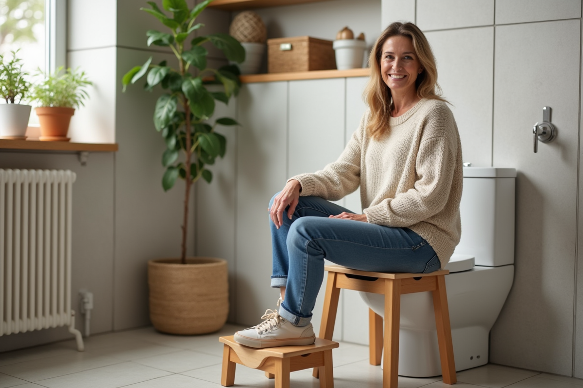 Femme assise sur un tabouret en bois dans une salle de bain lumineuse