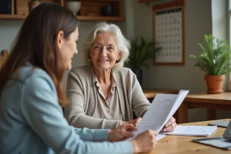 Femme senior souriante avec une conseillère dans une cuisine chaleureuse