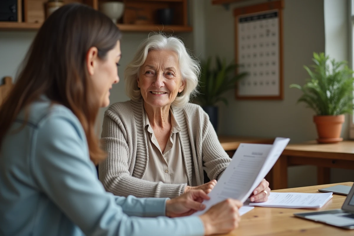 Femme senior souriante avec une conseillère dans une cuisine chaleureuse
