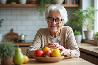 Femme senior souriante examinant un bol de fruits frais