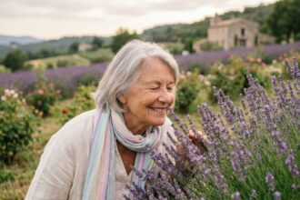 Femme senior souriante inhalant la lavande en Provence