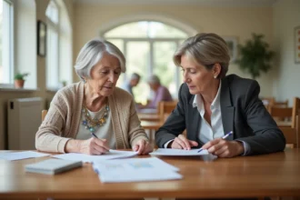 Femme senior lisant des papiers avec une assistante