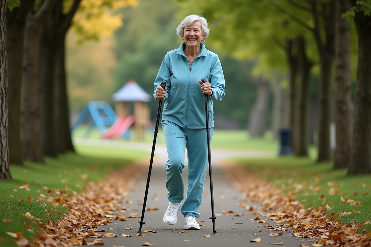 Femme senior souriante en marche nordique dans un parc automnal
