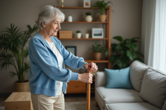 Femme senior en intérieur mesurant un bâton de marche