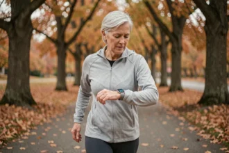 Femme senior vérifiant sa vitesse de marche sur une montre connectée dans un parc en automne