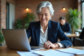 Femme senior en reconversion professionnelle travaillant dans un espace de coworking moderne en 2026