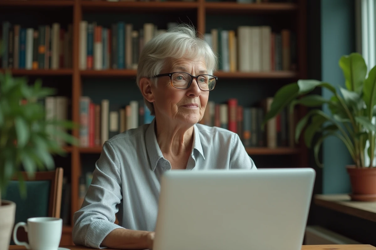 Femme senior de 65 à 70 ans utilisant un ordinateur portable chez elle pour faire des rencontres en ligne, expression positive et engagée