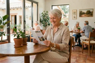 Femme senior souriante dans le salon commun d'une résidence seniors à Nîmes, lisant un document d'information sur seniorhome.fr