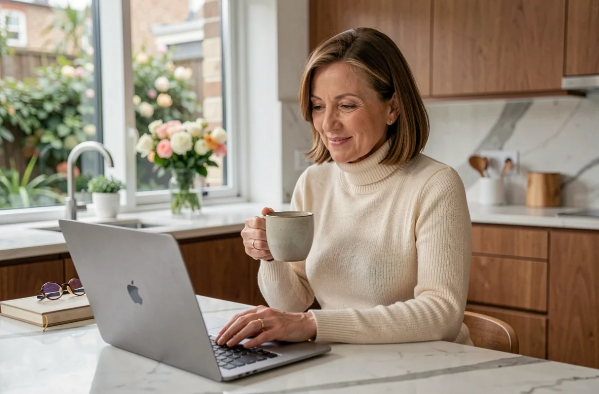 Femme senior séduisante et épanouie utilisant un site de rencontre en ligne sur son ordinateur portable dans une cuisine moderne, illustrant la recherche d'une relation sérieuse
