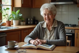 Femme âgée souriante dans sa cuisine chaleureuse