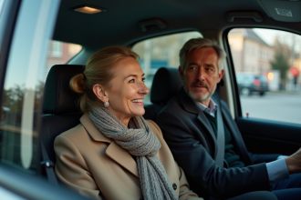 Femme souriante dans un taxi belge avec chauffeur