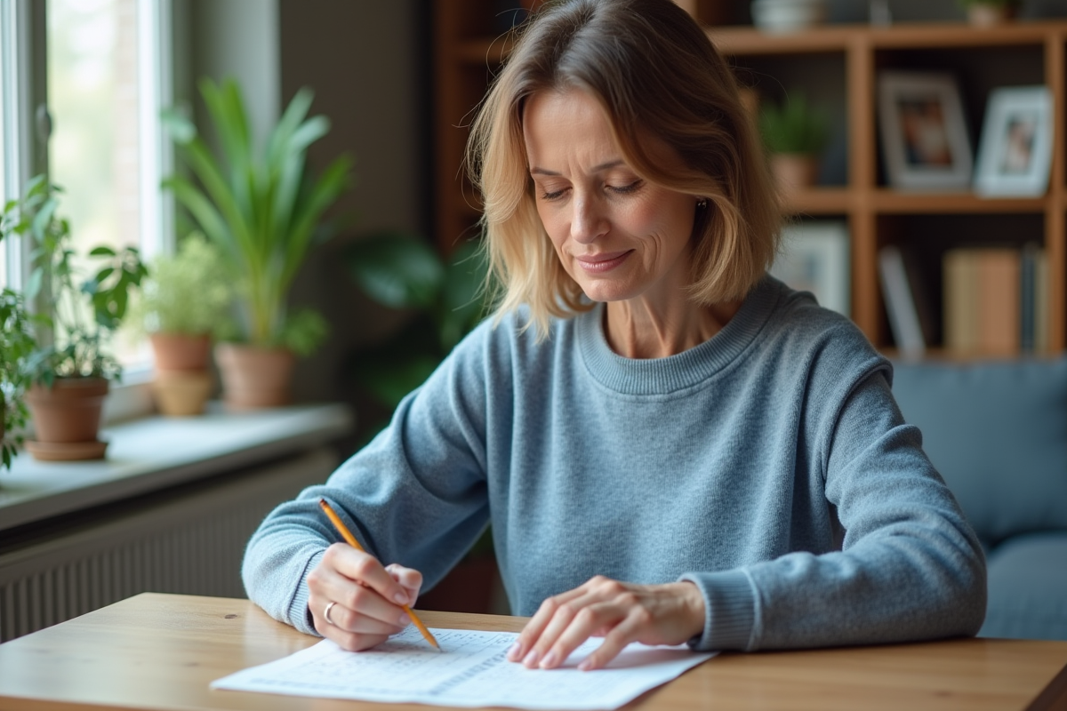 Femme d'âge moyen résolvant un sudoku à la maison