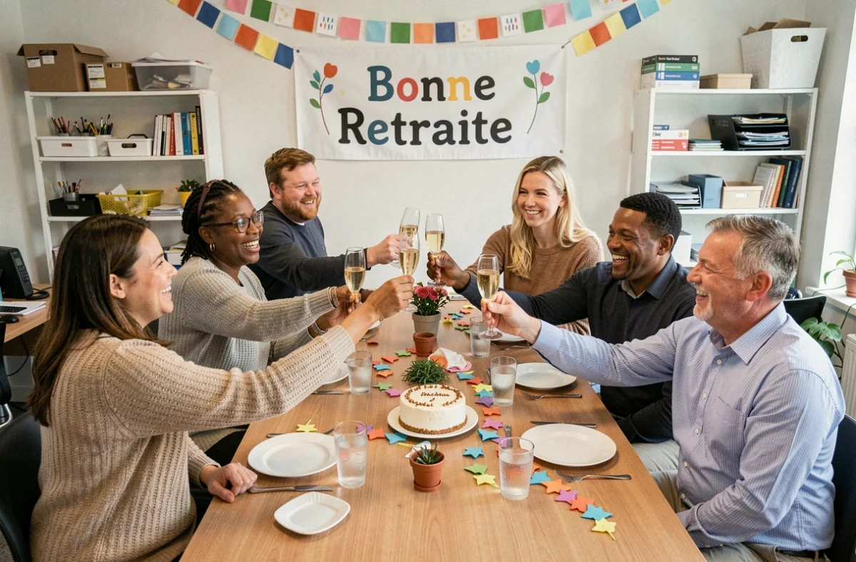 Groupe de collègues portant un toast au champagne lors d'une fête de départ en retraite dans une salle de pause décorée